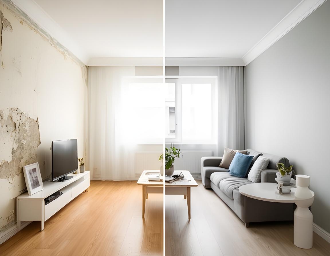 Vorher-Nachher-Eindruck einer Wohnungssanierung mit hellen Wänden und aufgeräumtem Wohnbereich