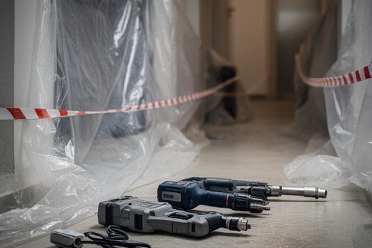 Notfall-Einsatz bei Rohrbruch in einer Wohnung mit gesicherten Bereichen und Werkzeug am Boden